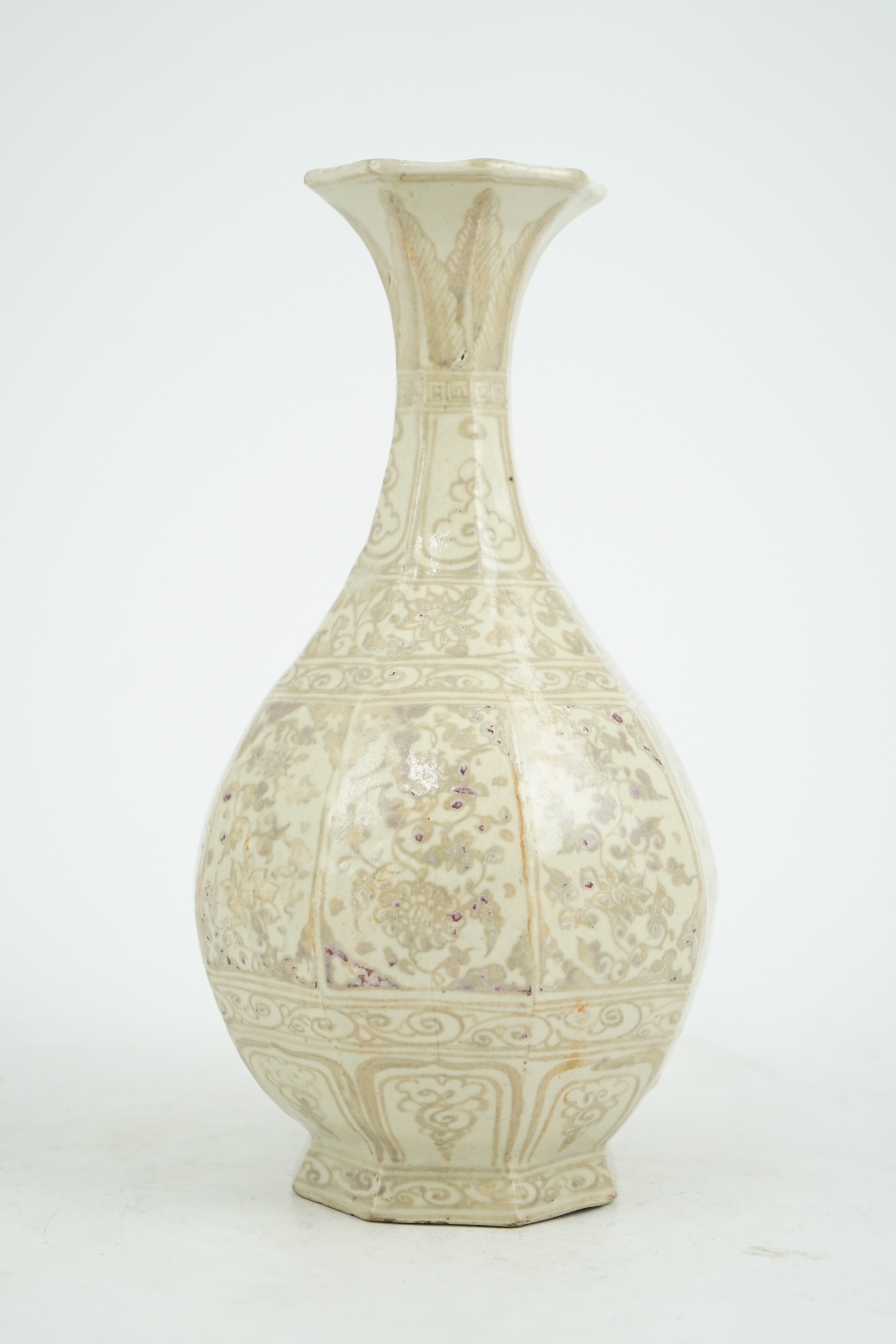 A Chinese underglaze copper red octagonal bottle vase, yuhuchunping, possibly Yuan or Hongwu period, Ming dynasty